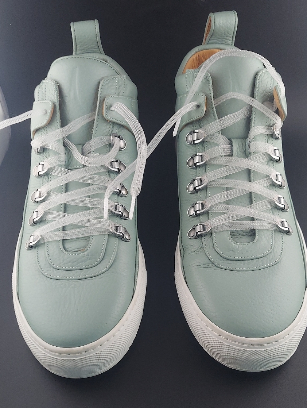 Womens Mint Green Leather Lace-Up Sneakers